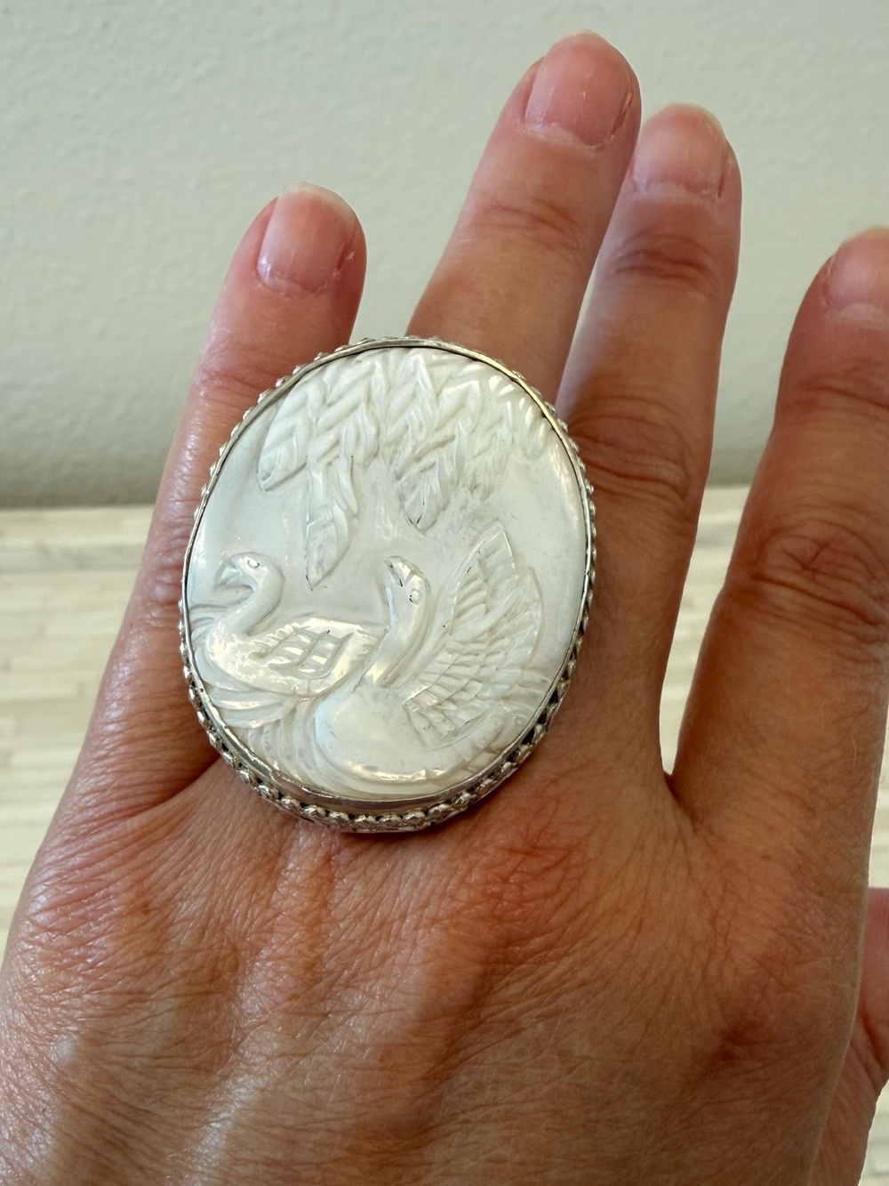 Carved White Swan Statement Ring